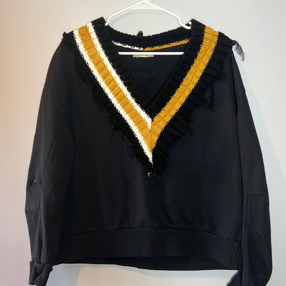 Black V-Neck Fringe Sweater with Mustard & White Trim